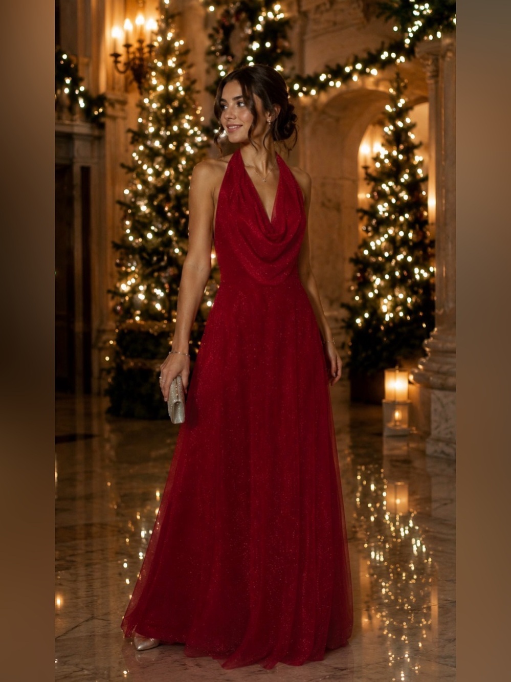 Cache Vintage Red Sparkle Halter Cowl Maxi Gown Size 6 Formal Holiday Glitter